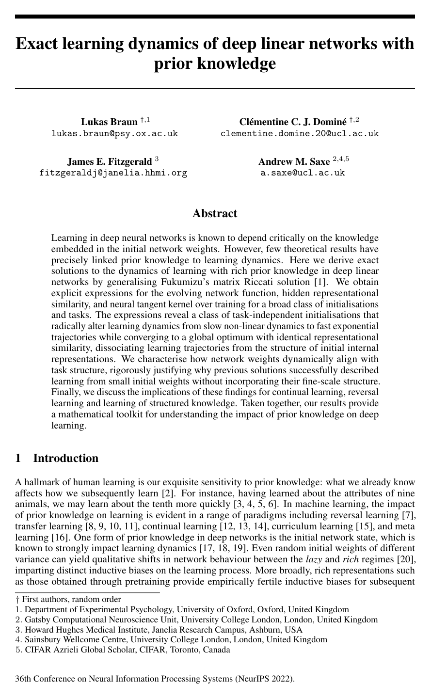 Cover for Exact learning dynamics of deep linear networks with prior knowledge