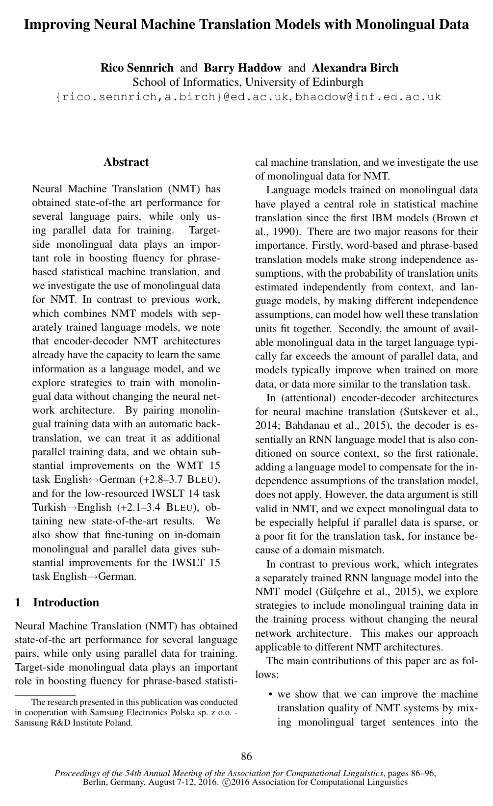 Cover for Improving Neural Machine Translation Models with Monolingual Data
