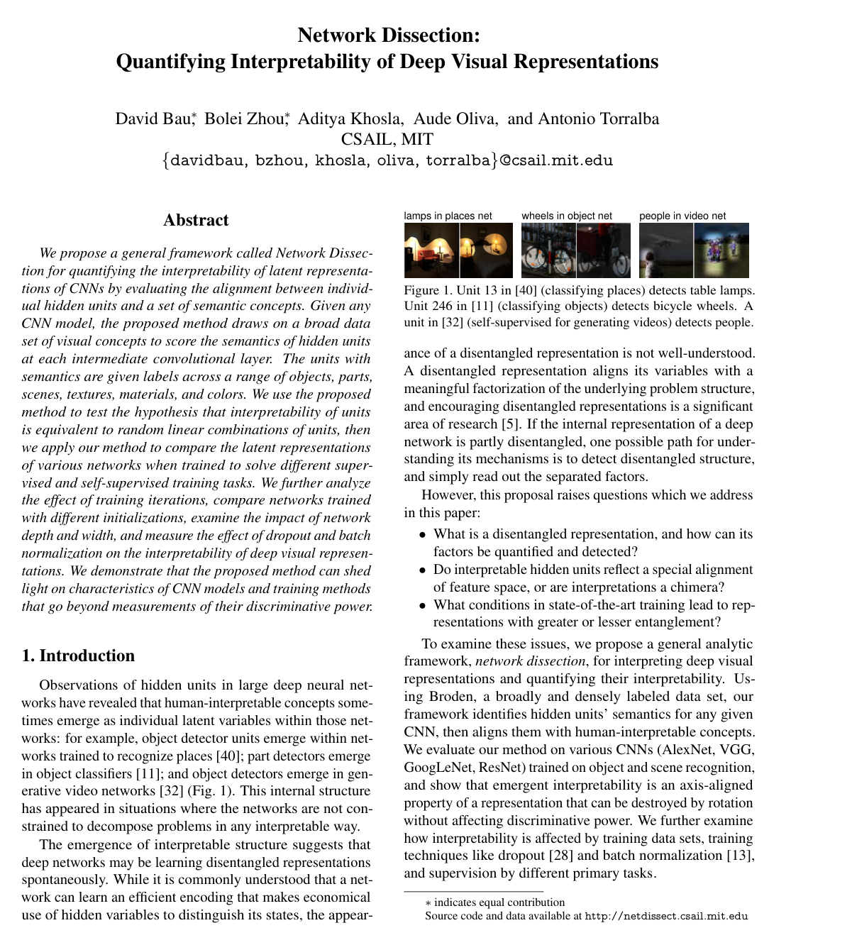 Cover for Network Dissection: Quantifying Interpretability of Deep Visual Representations