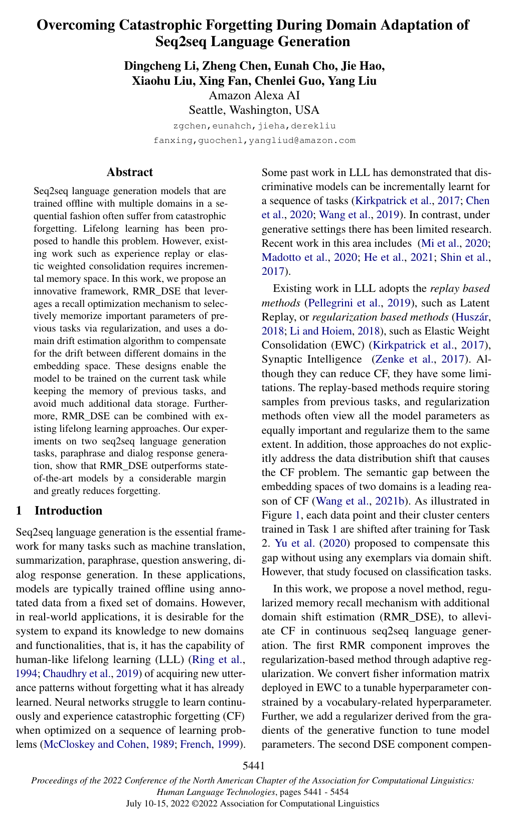 Overcoming Catastrophic Forgetting During Domain Adaptation of Seq2seq Language Generation
