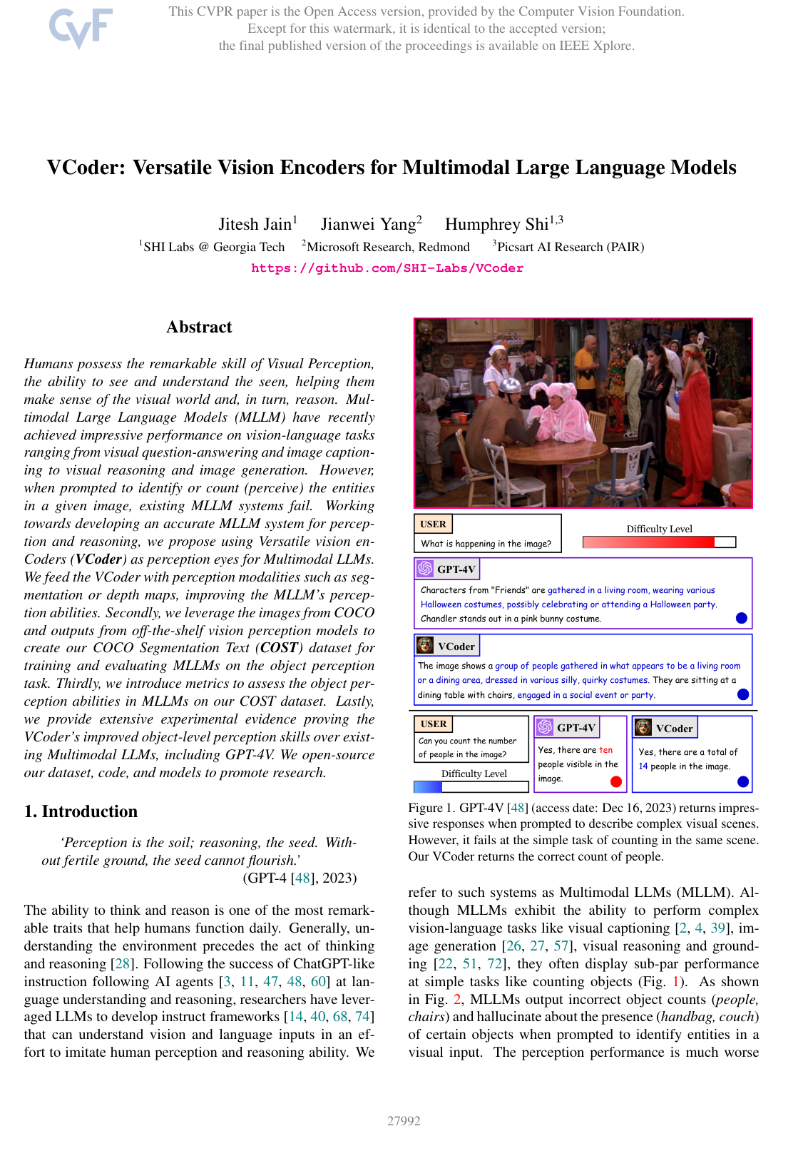 Cover for VCoder: Versatile Vision Encoders for Multimodal Large Language Models