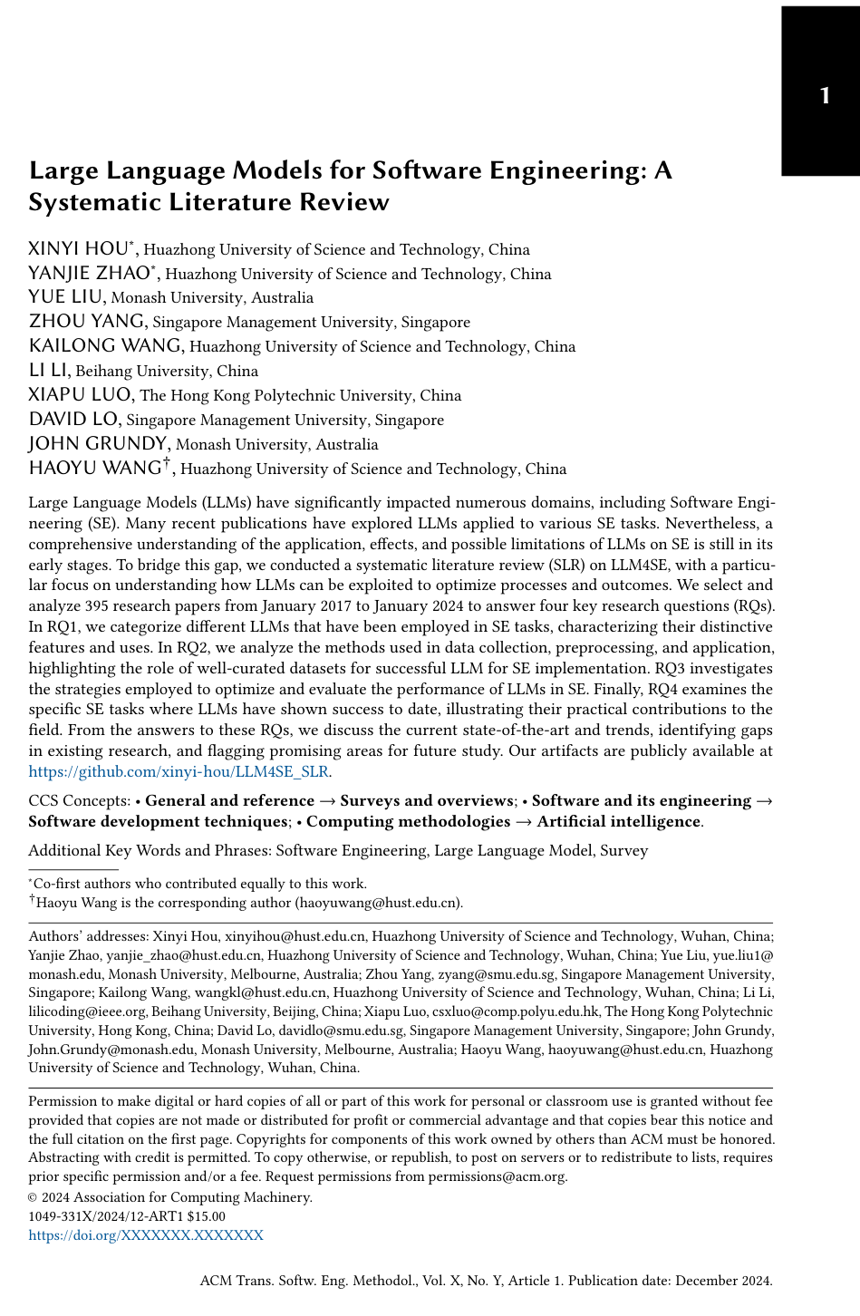 Cover for Large Language Models for Software Engineering: A Systematic Literature Review