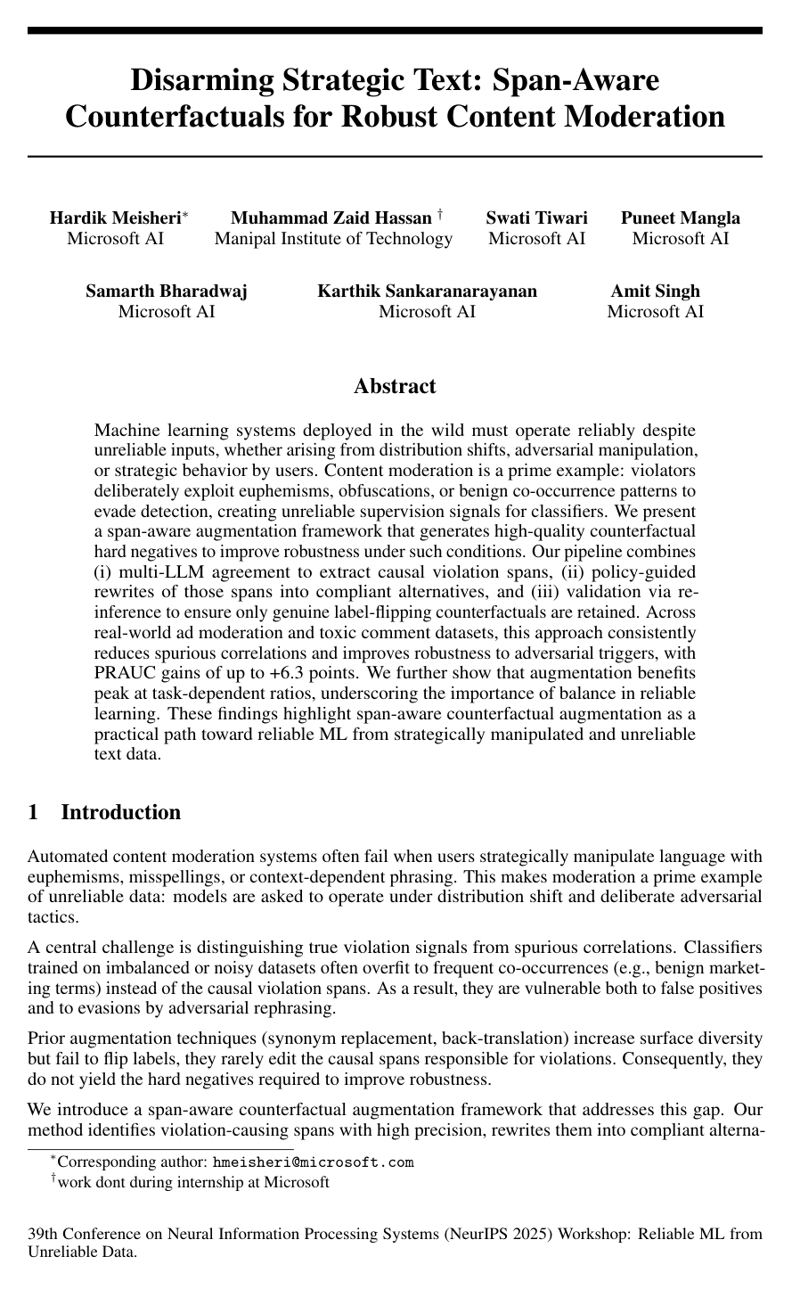 Disarming Strategic Text: Span-Aware Counterfactuals for Robust Content Moderation