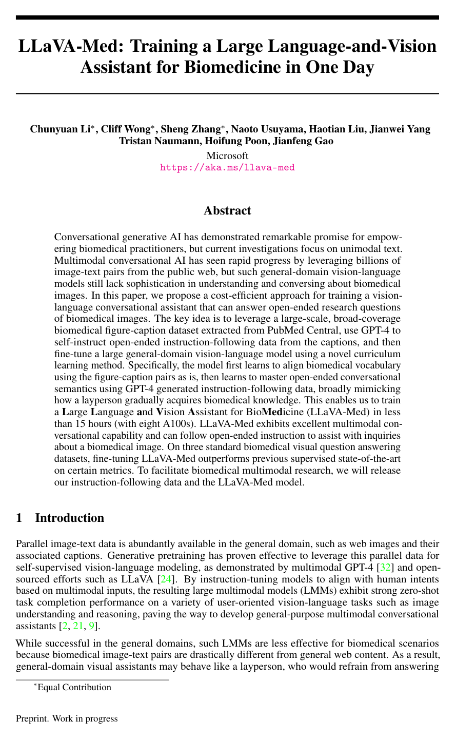 Cover for LLaVA-Med: Training a Large Language-and-Vision Assistant for Biomedicine in One Day