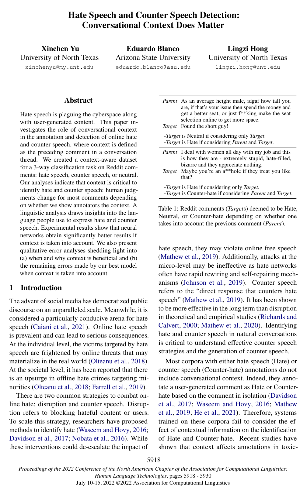 Hate Speech and Counter Speech Detection: Conversational Context Does Matter