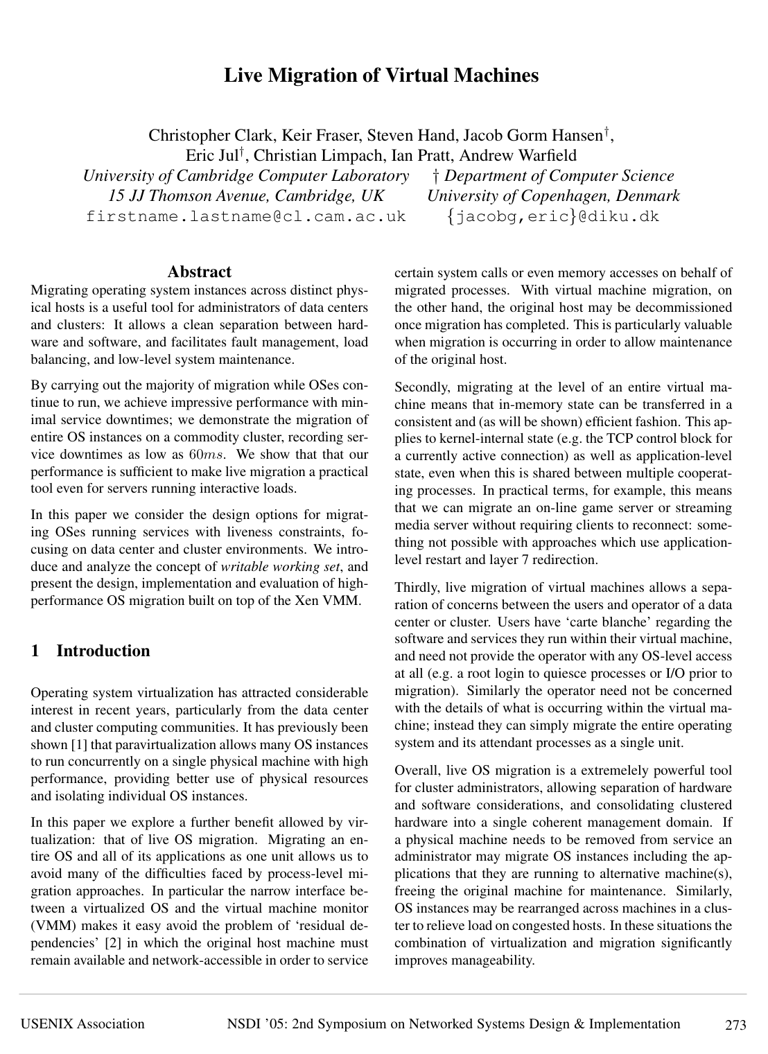 Cover for Live migration of virtual machines