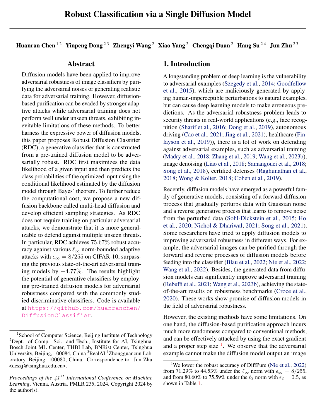 Robust Classification via a Single Diffusion Model