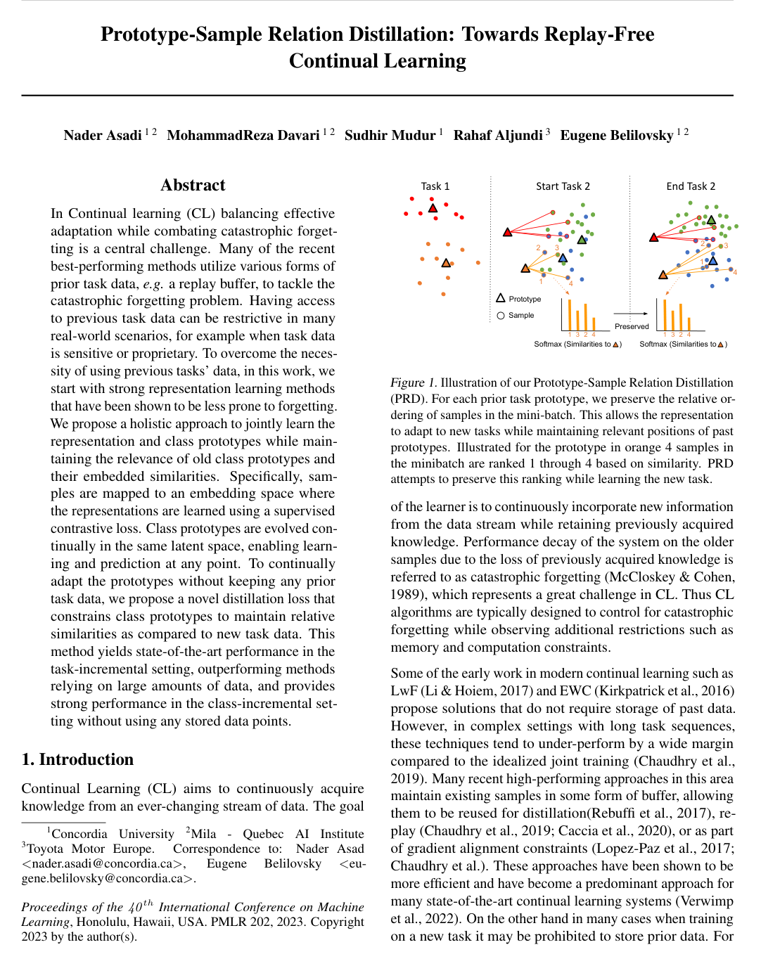 Prototype-Sample Relation Distillation: Towards Replay-Free Continual Learning