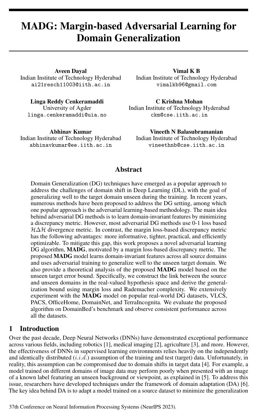 Cover for MADG: Margin-based Adversarial Learning for Domain Generalization