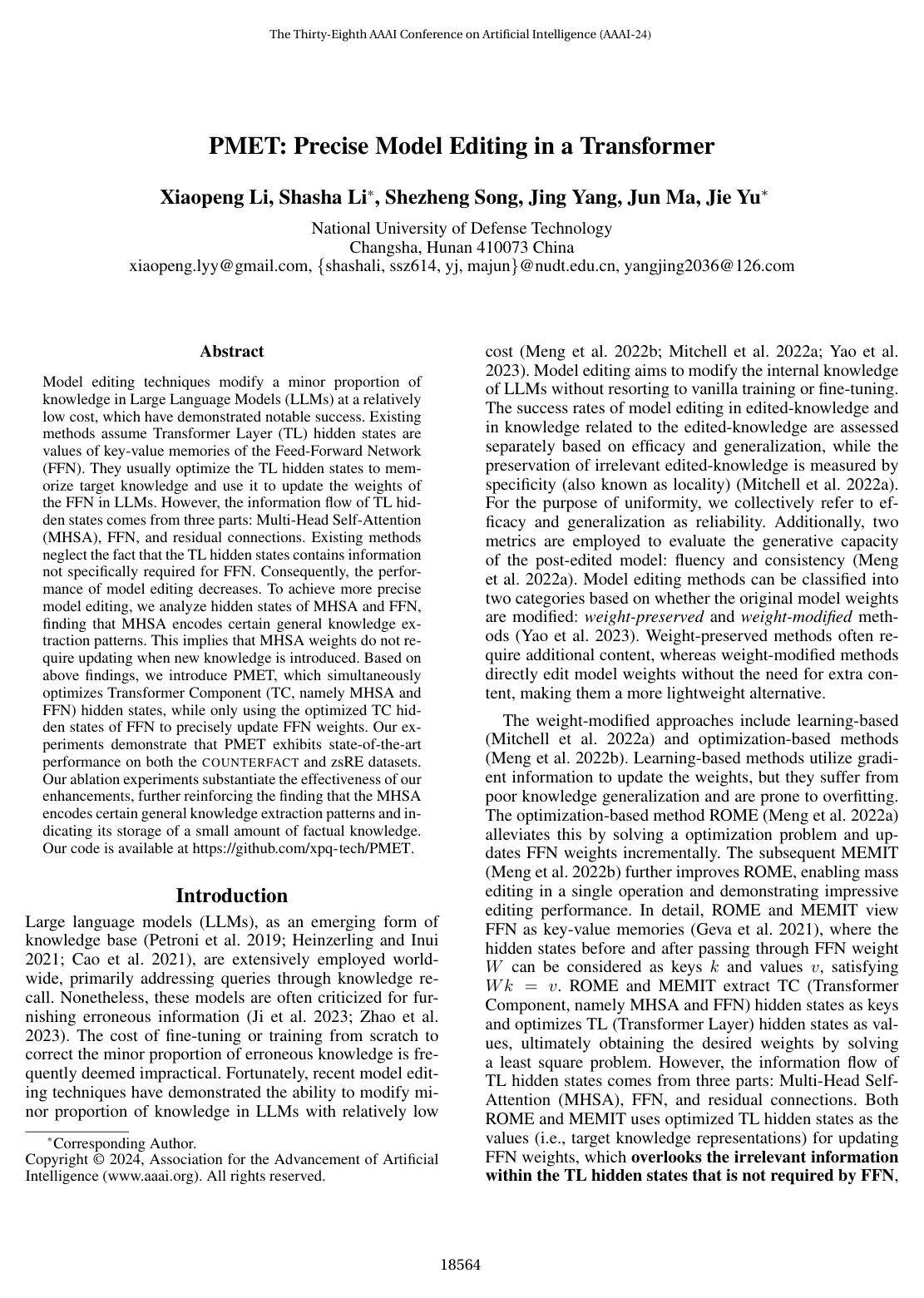 Cover for PMET: Precise Model Editing in a Transformer