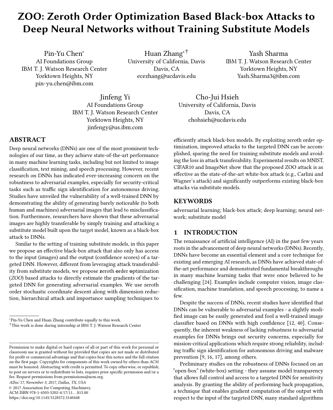 Cover for ZOO: Zeroth Order Optimization Based Black-box Attacks to Deep Neural Networks without Training Substitute Models