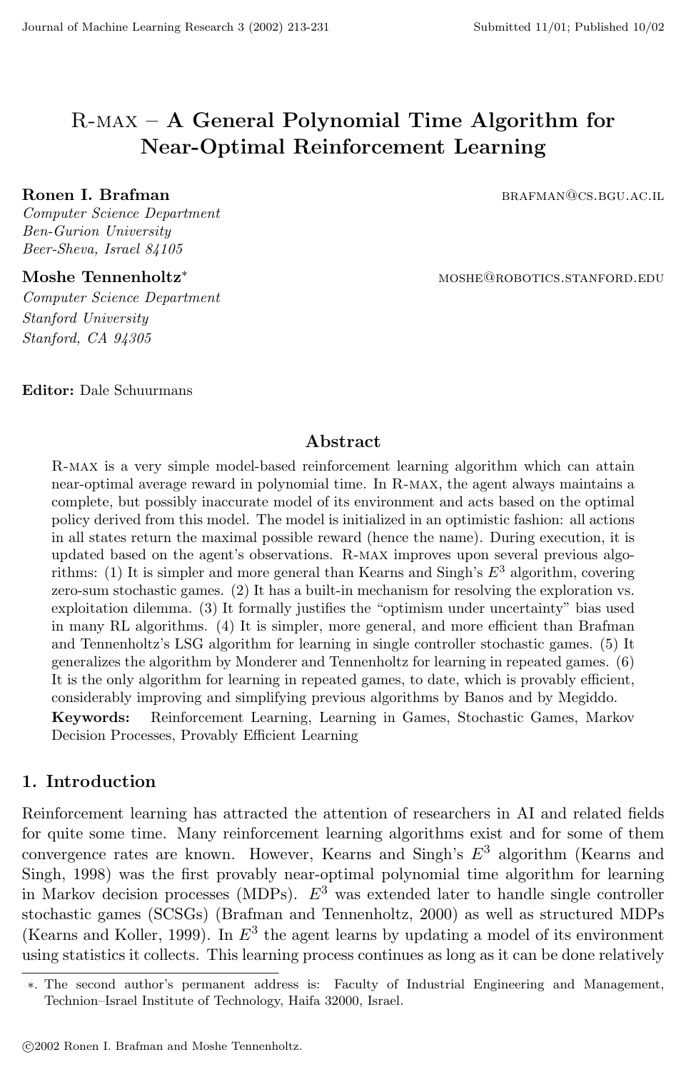 Cover for R-MAX - A General Polynomial Time Algorithm for Near-Optimal Reinforcement Learning