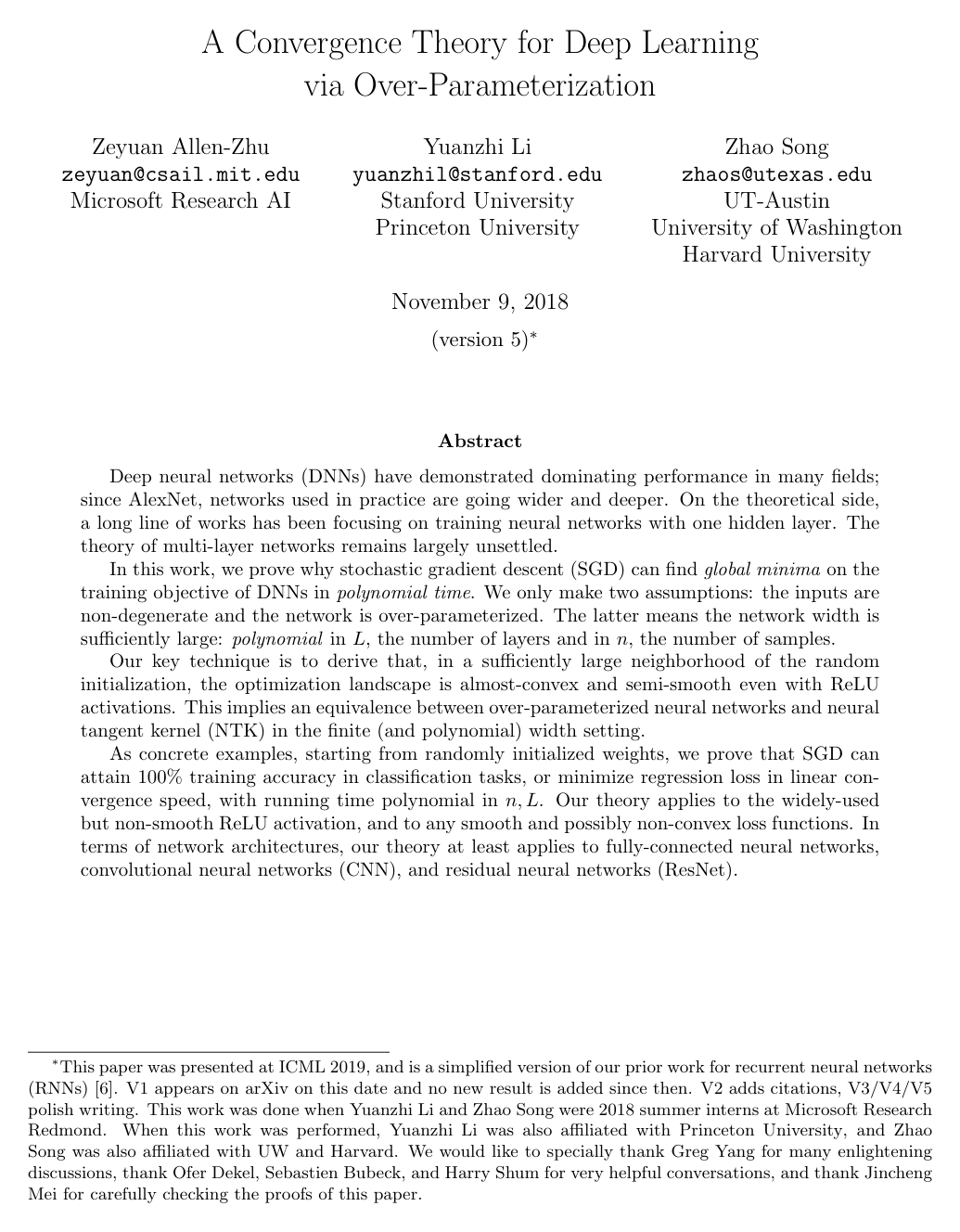 Cover for A Convergence Theory for Deep Learning via Over-Parameterization