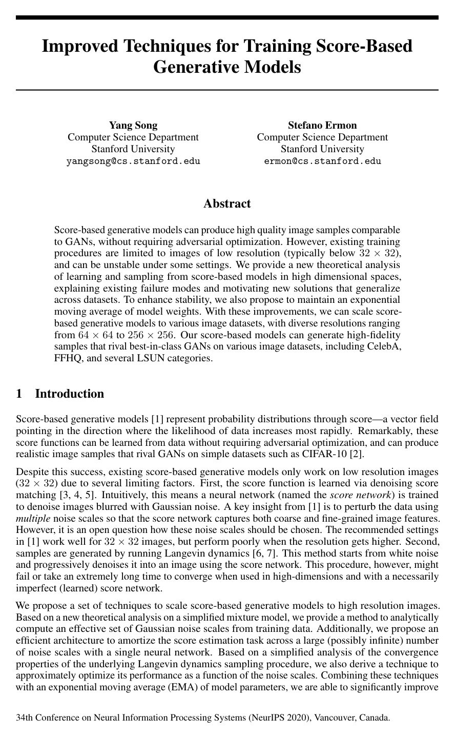 Cover for Improved Techniques for Training Score-Based Generative Models