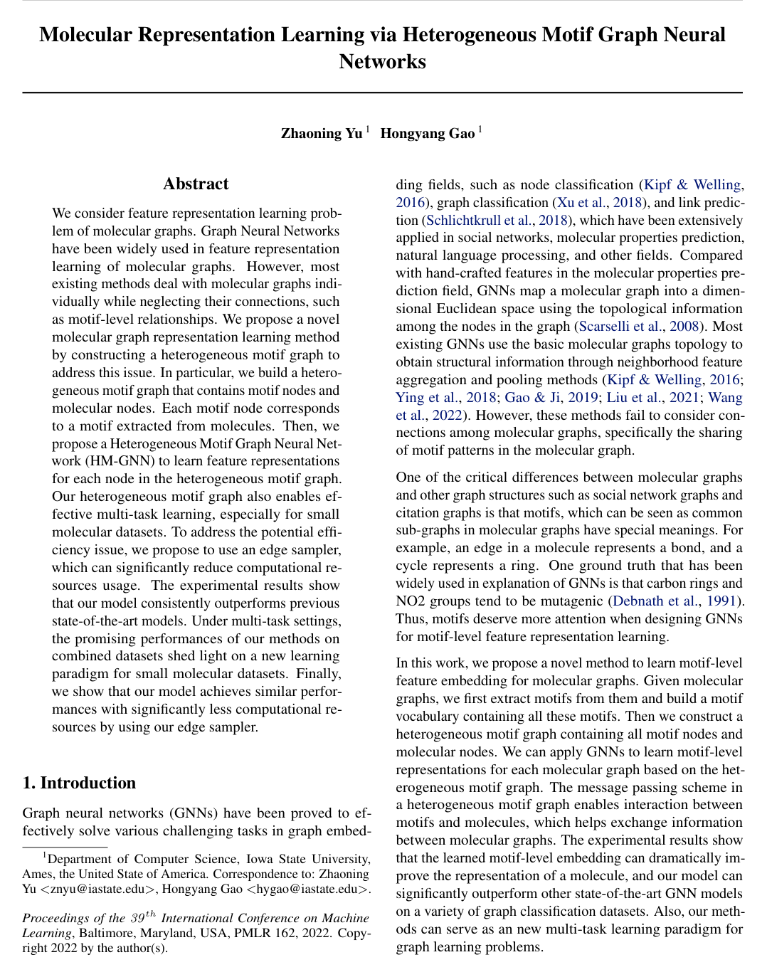 Molecular Representation Learning via Heterogeneous Motif Graph Neural Networks