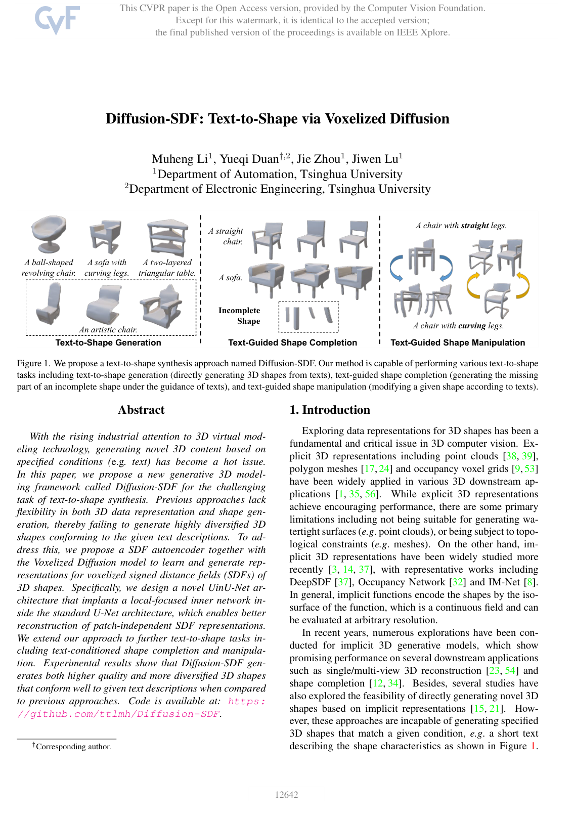 Cover for Diffusion-SDF: Text-to-Shape via Voxelized Diffusion