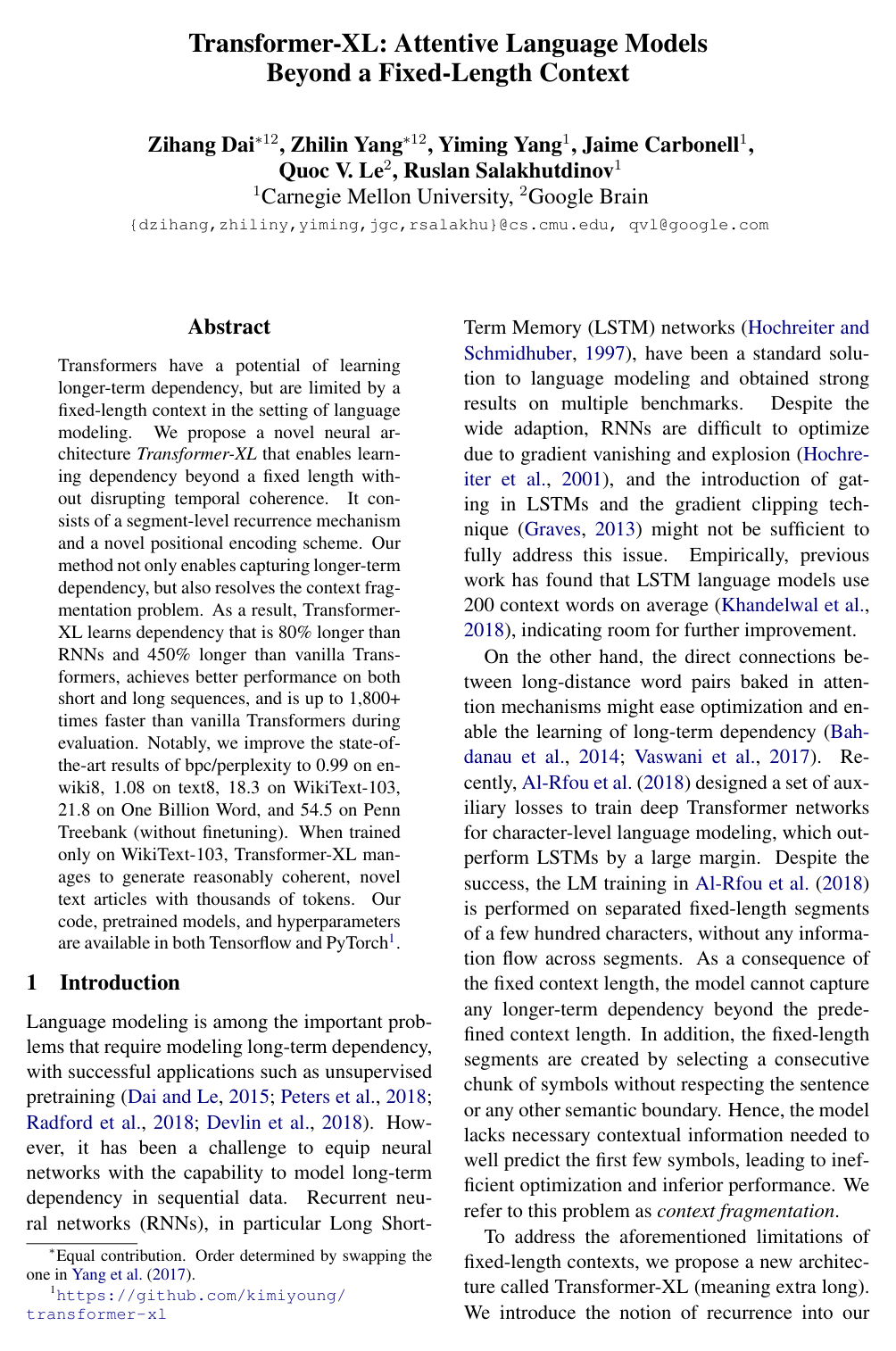 Transformer-XL: Attentive Language Models beyond a Fixed-Length Context