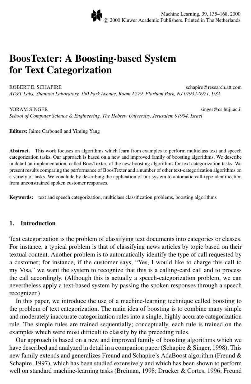 Cover for BoosTexter: A Boosting-based System for Text Categorization