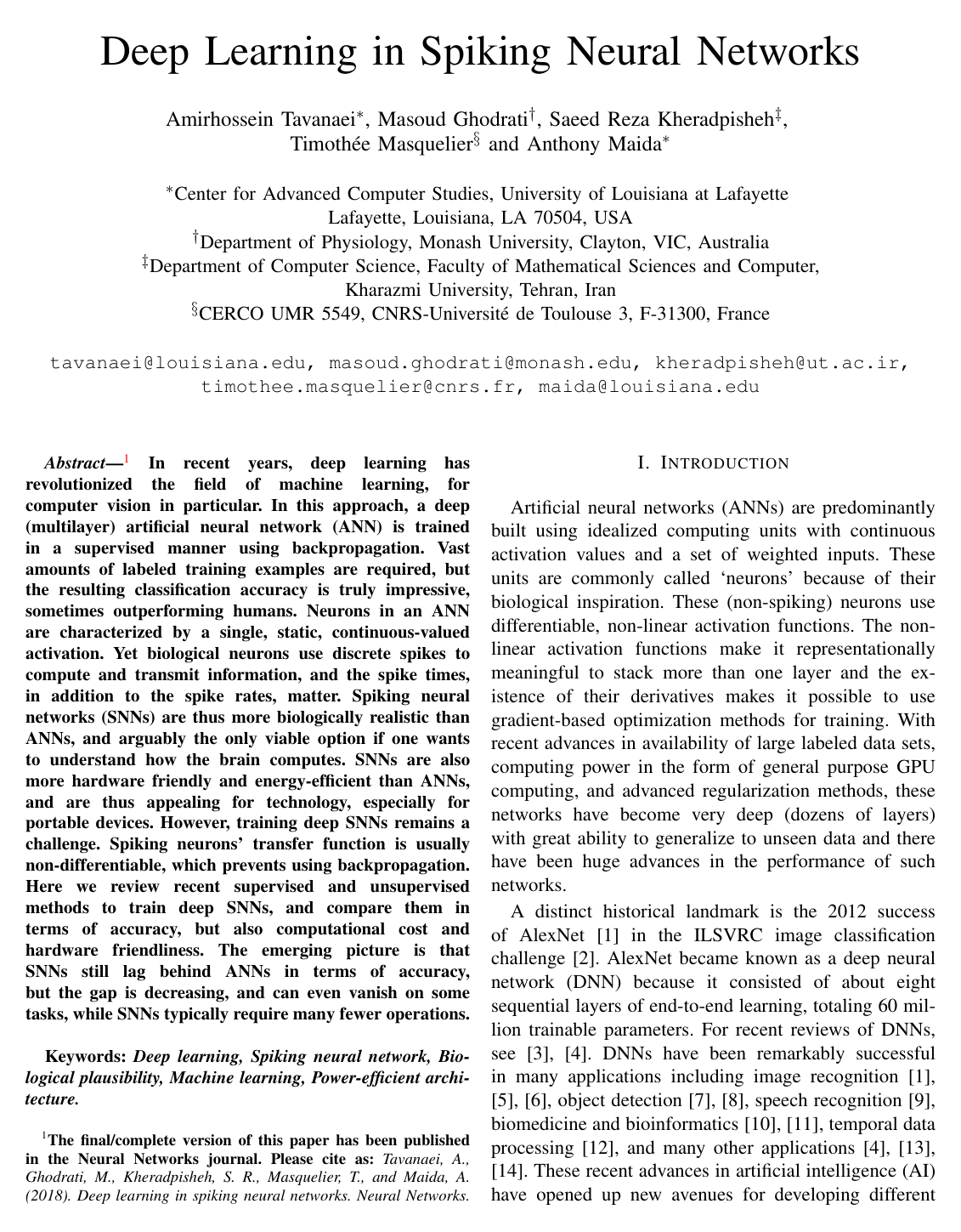 Cover for Deep Learning in Spiking Neural Networks