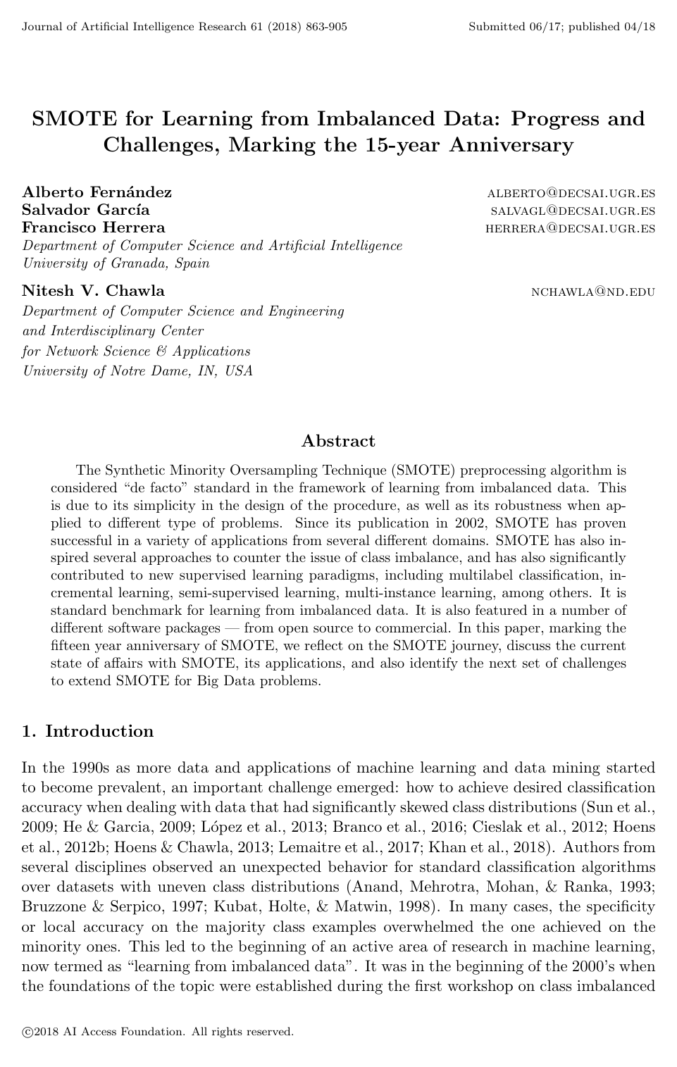 SMOTE for Learning from Imbalanced Data: Progress and Challenges, Marking the 15-year Anniversary