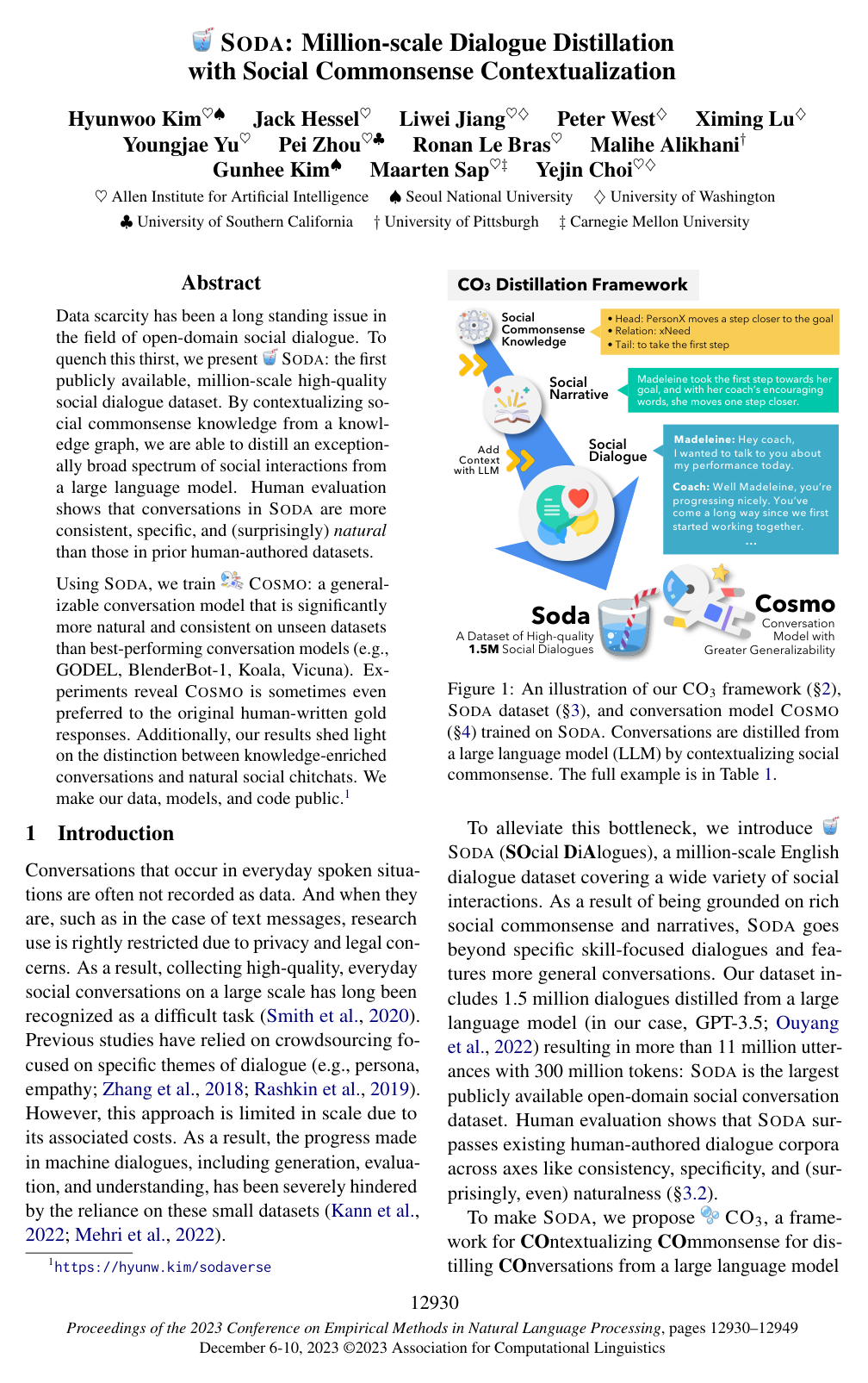 SODA: Million-scale Dialogue Distillation with Social Commonsense Contextualization