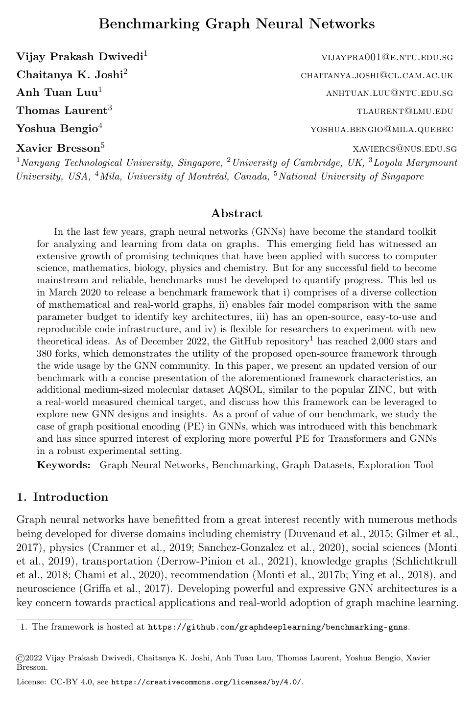 Cover for Benchmarking Graph Neural Networks