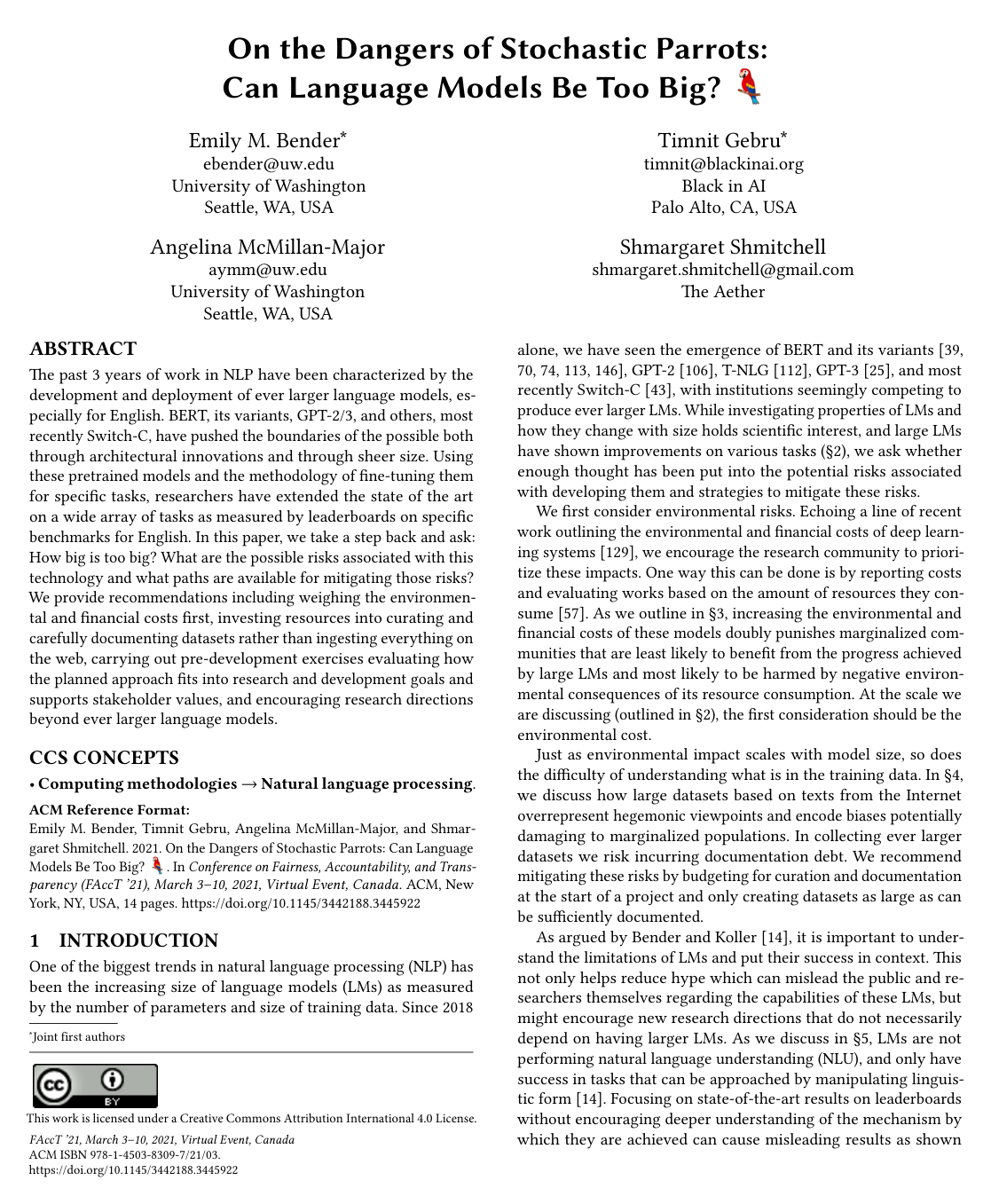 On the Dangers of Stochastic Parrots: Can Language Models Be Too Big? 🦜