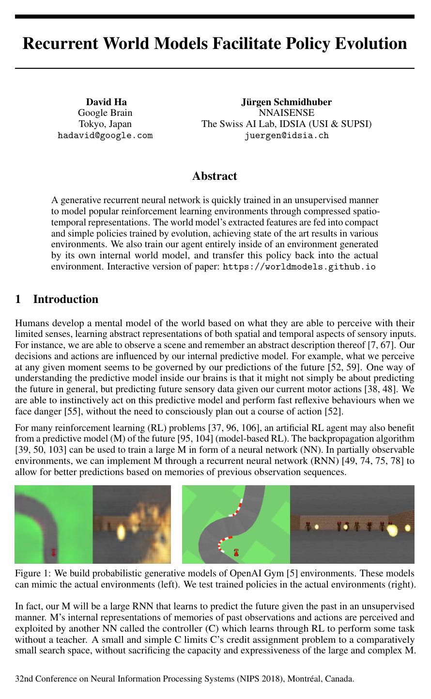 Cover for Recurrent World Models Facilitate Policy Evolution