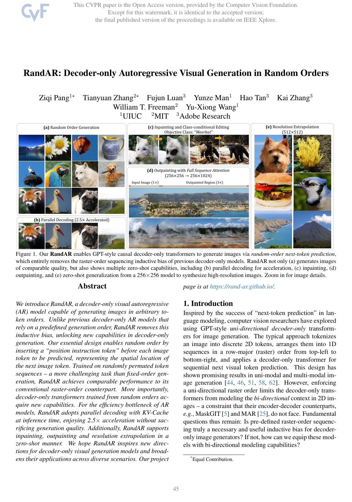 RandAR: Decoder-only Autoregressive Visual Generation in Random Orders