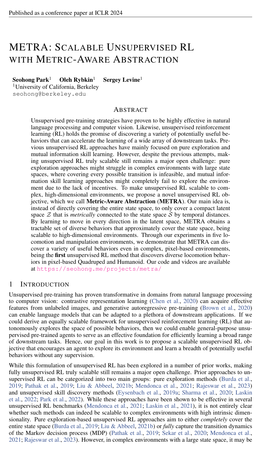 Cover for METRA: Scalable Unsupervised RL with Metric-Aware Abstraction