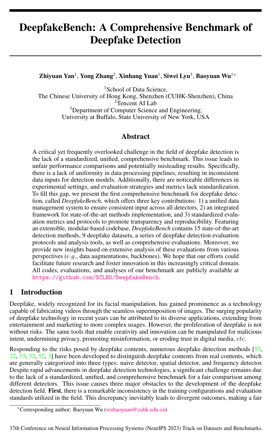 Cover for DeepfakeBench: A Comprehensive Benchmark of Deepfake Detection