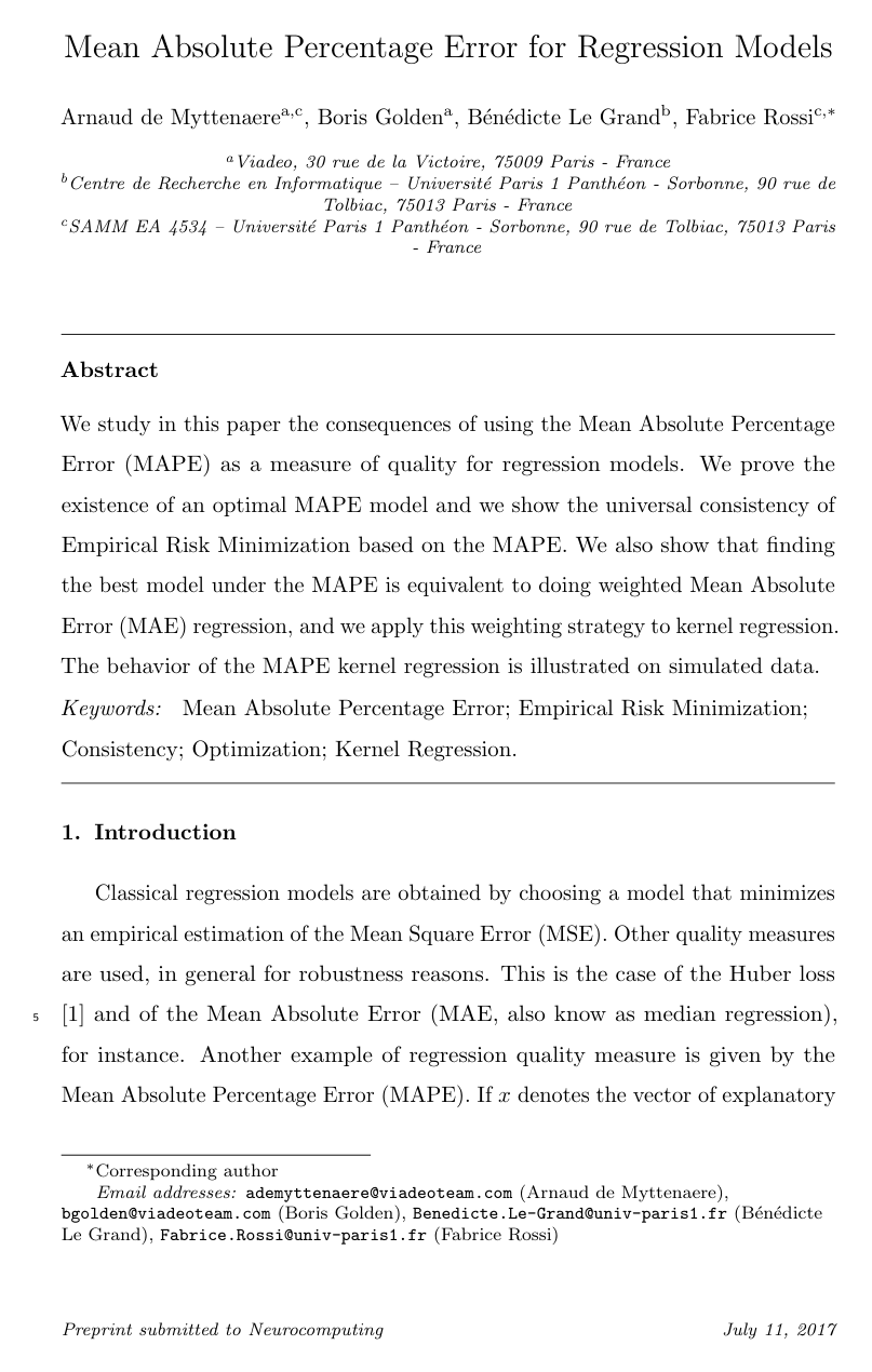 Mean Absolute Percentage Error for regression models
