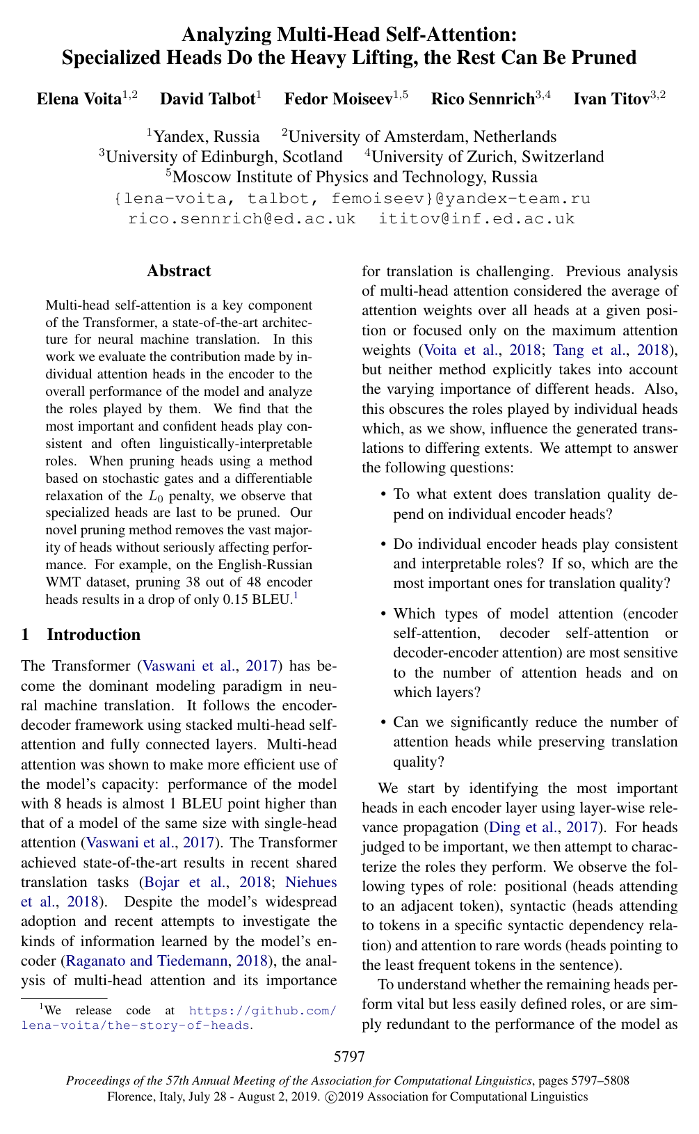 Analyzing Multi-Head Self-Attention: Specialized Heads Do the Heavy Lifting, the Rest Can Be Pruned