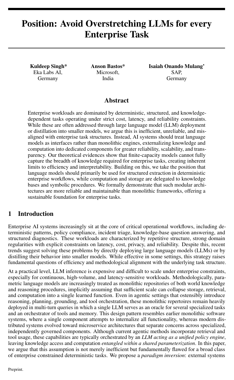 Cover for Position: Avoid Overstretching LLMs for every Enterprise Task