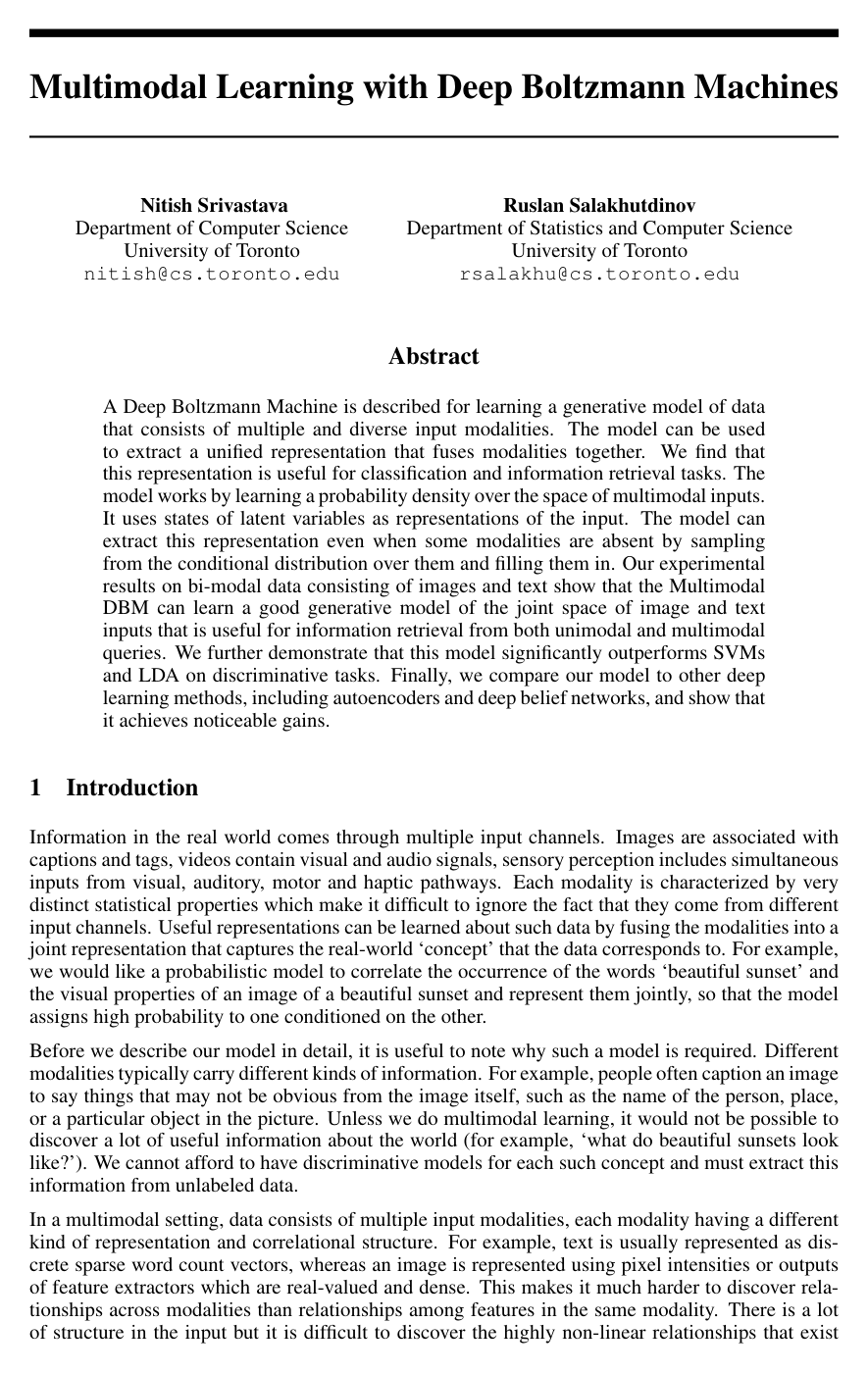 Multimodal learning with deep Boltzmann machines