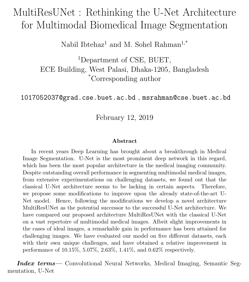 Cover for MultiResUNet : Rethinking the U-Net Architecture for Multimodal Biomedical Image Segmentation