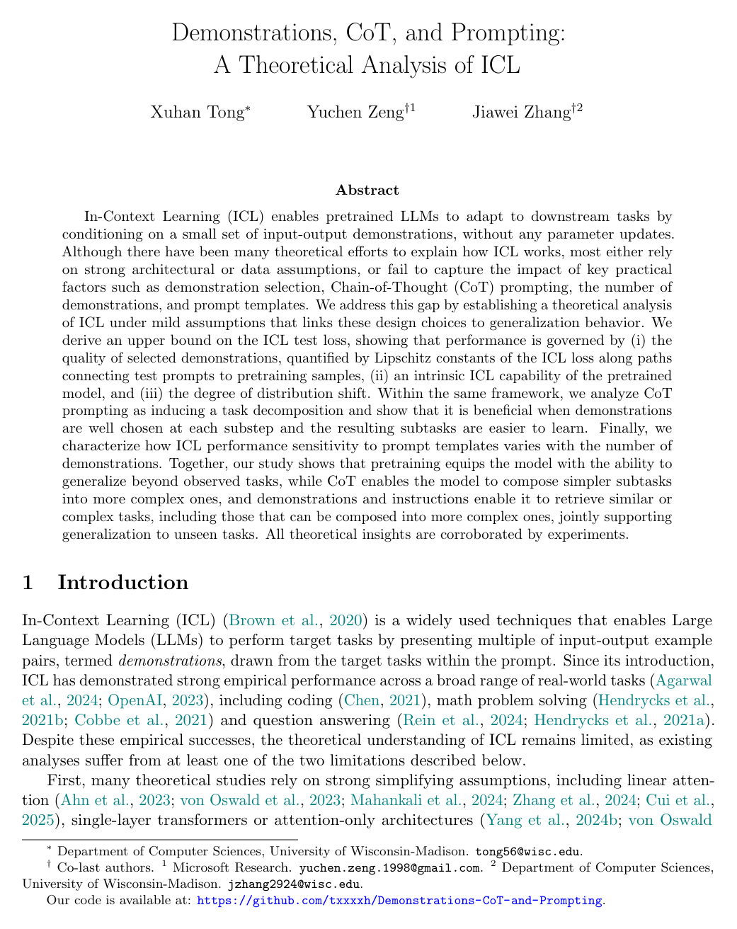 Demonstrations, CoT, and Prompting: A Theoretical Analysis of ICL