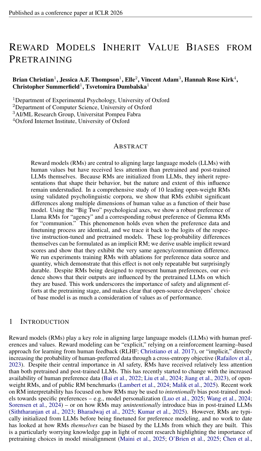 Cover for Reward Models Inherit Value Biases from Pretraining