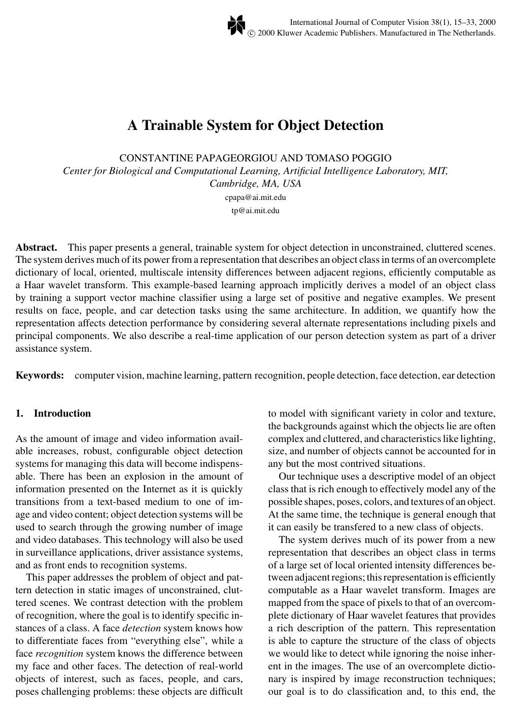 A Trainable System for Object Detection
