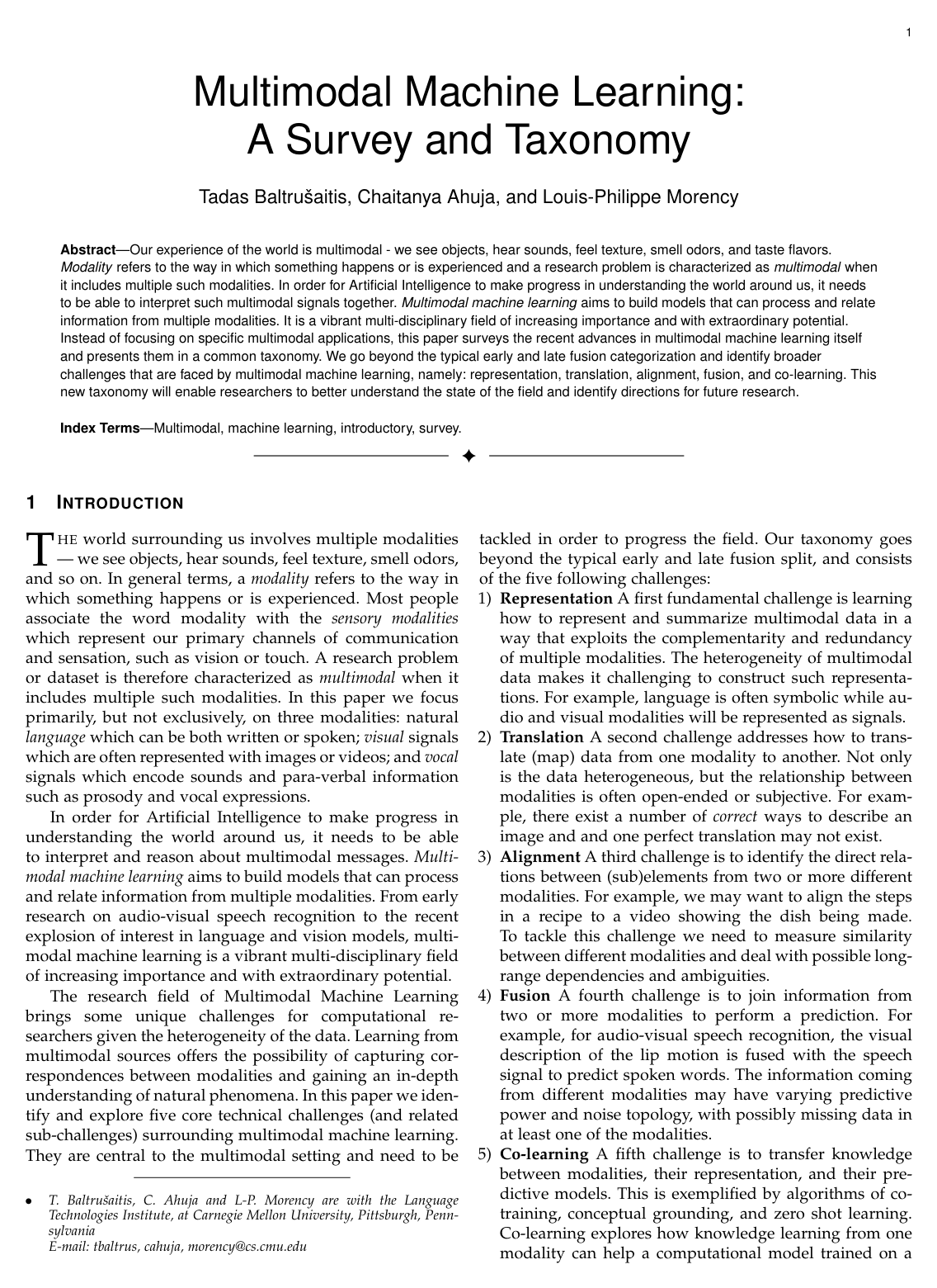 Multimodal Machine Learning: A Survey and Taxonomy