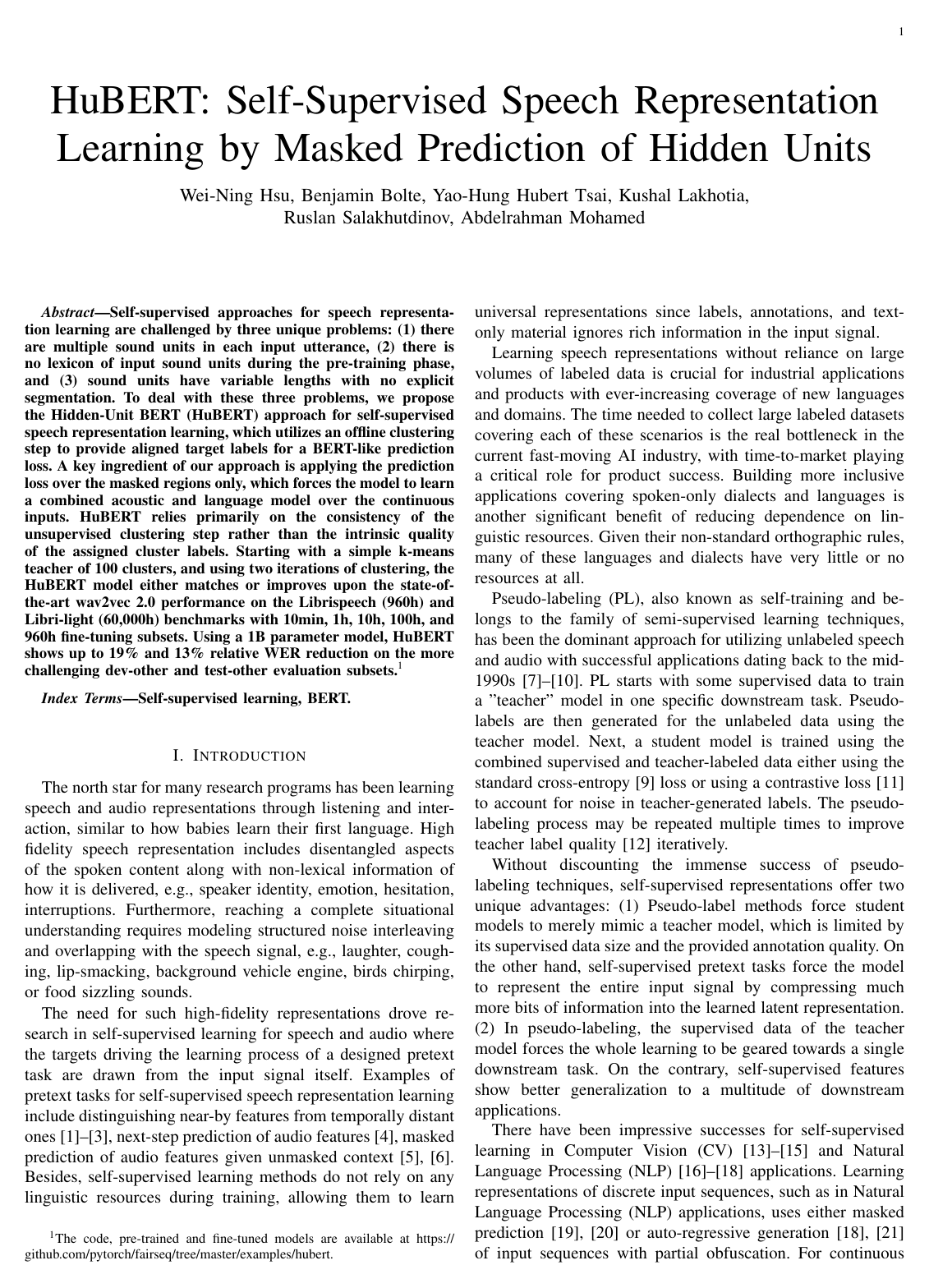 HuBERT: Self-Supervised Speech Representation Learning by Masked Prediction of Hidden Units