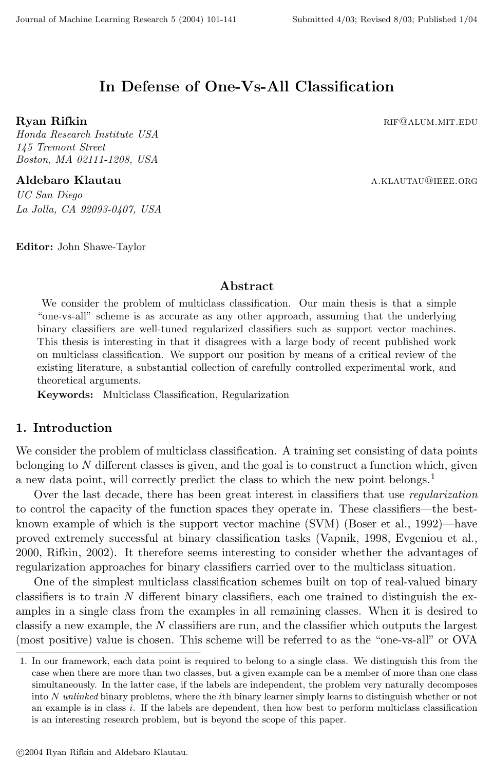 Cover for In Defense of One-Vs-All Classification