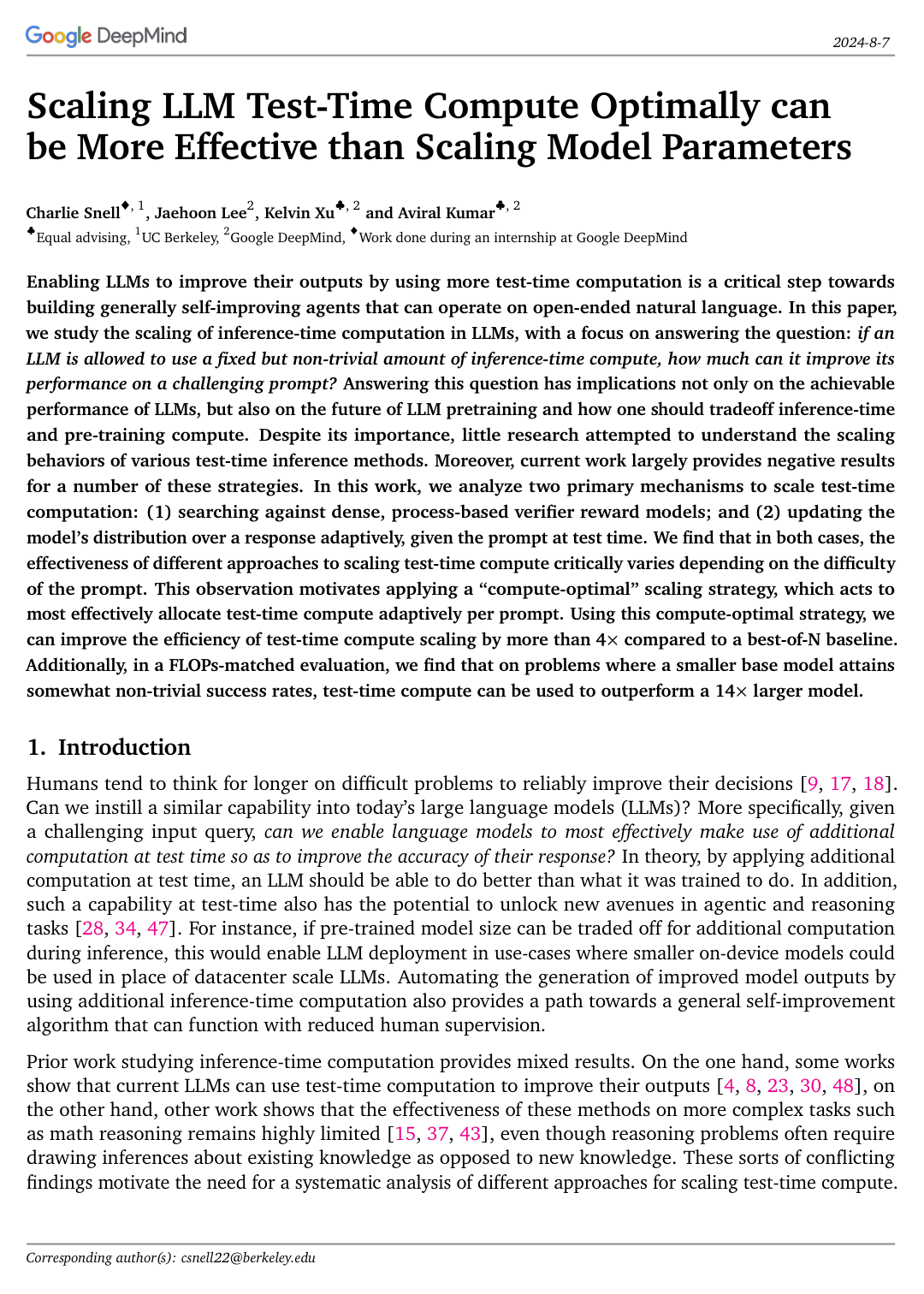 Cover for Scaling LLM Test-Time Compute Optimally can be More Effective than Scaling Model Parameters