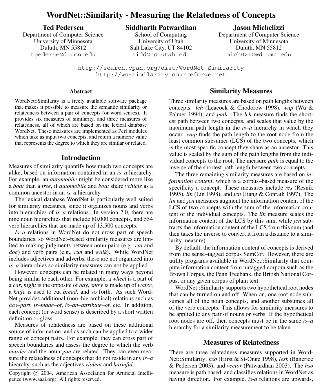 Cover for WordNet::Similarity - Measuring the Relatedness of Concepts