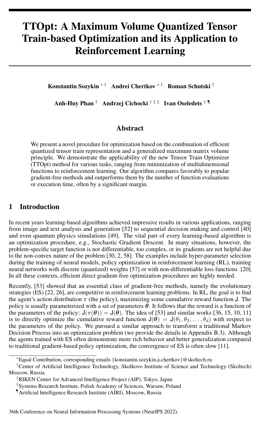 TTOpt: A Maximum Volume Quantized Tensor Train-based Optimization and its Application to Reinforcement Learning