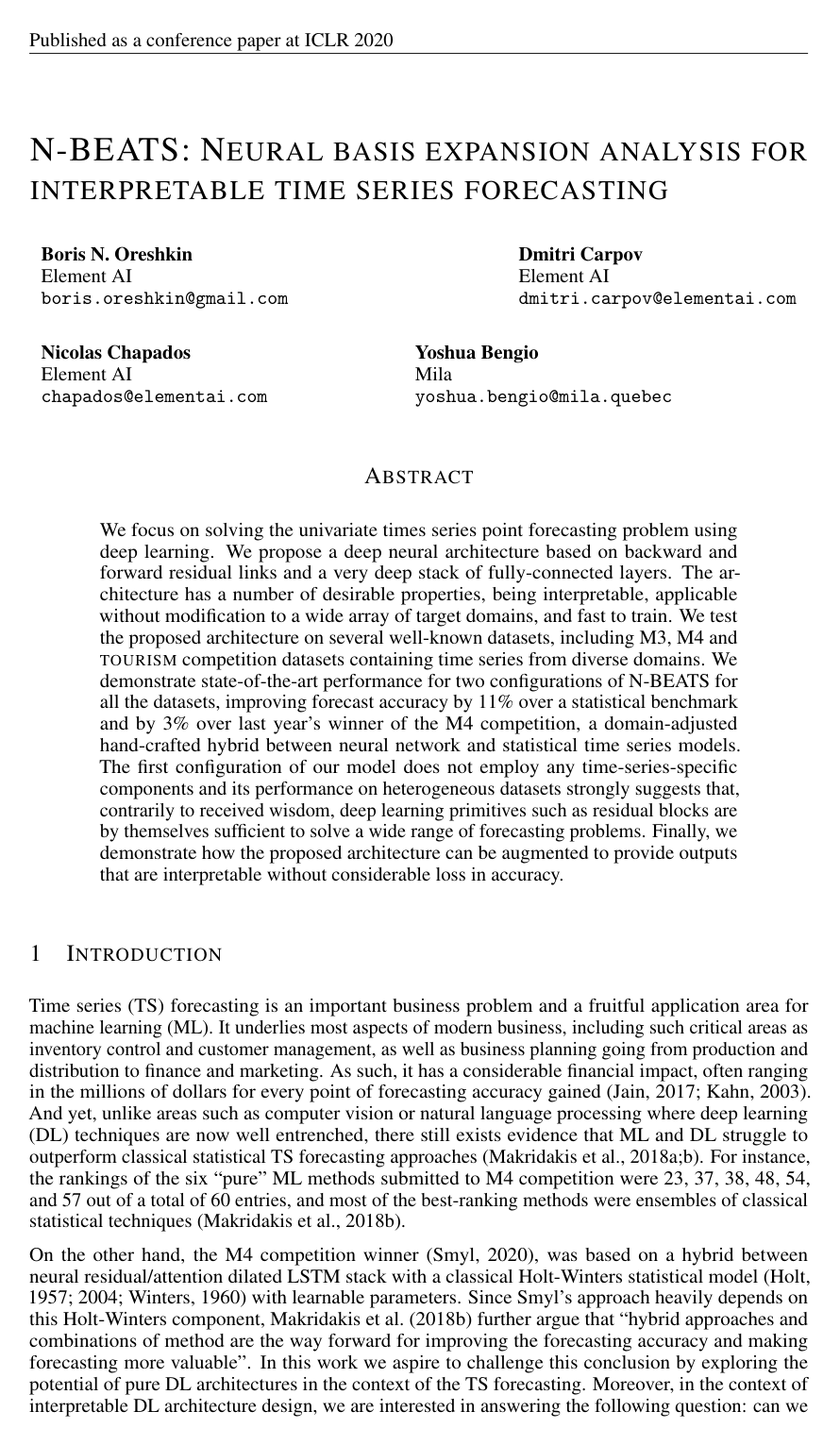 N-BEATS: Neural basis expansion analysis for interpretable time series forecasting
