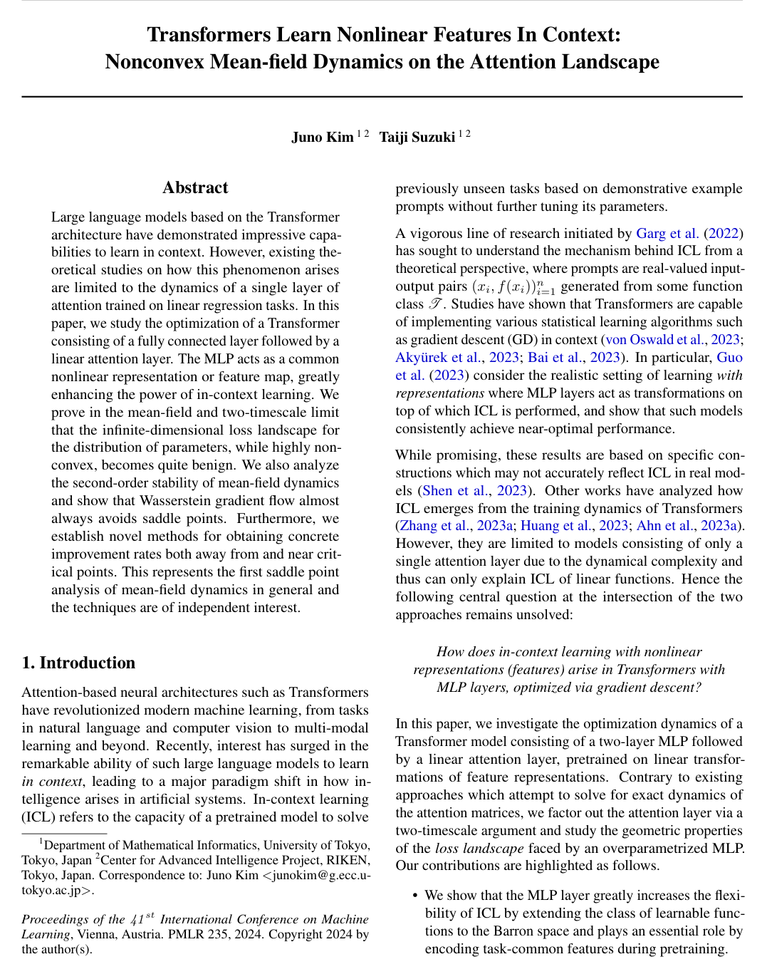 Transformers Learn Nonlinear Features In Context: Nonconvex Mean-field Dynamics on the Attention Landscape