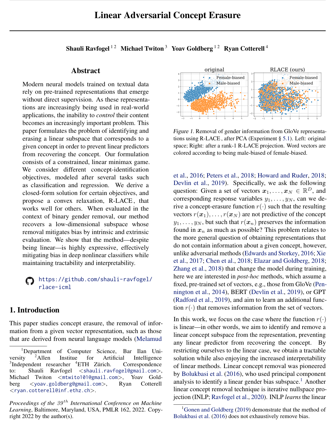 Linear Adversarial Concept Erasure