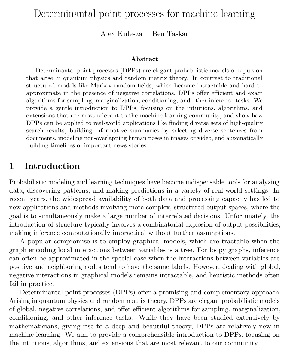 Cover for Determinantal Point Processes for Machine Learning