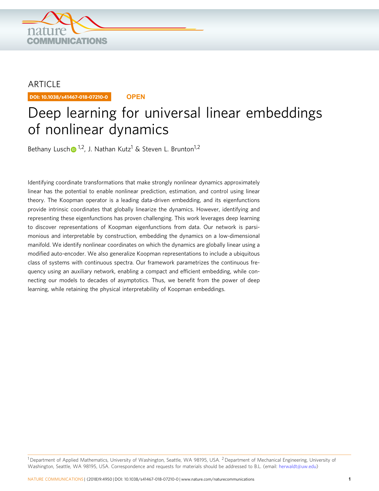 Cover for Deep learning for universal linear embeddings of nonlinear dynamics